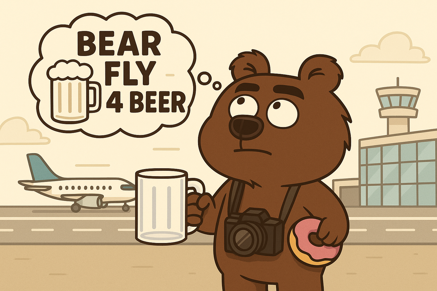 Mascot with empty mug, looking up at plane